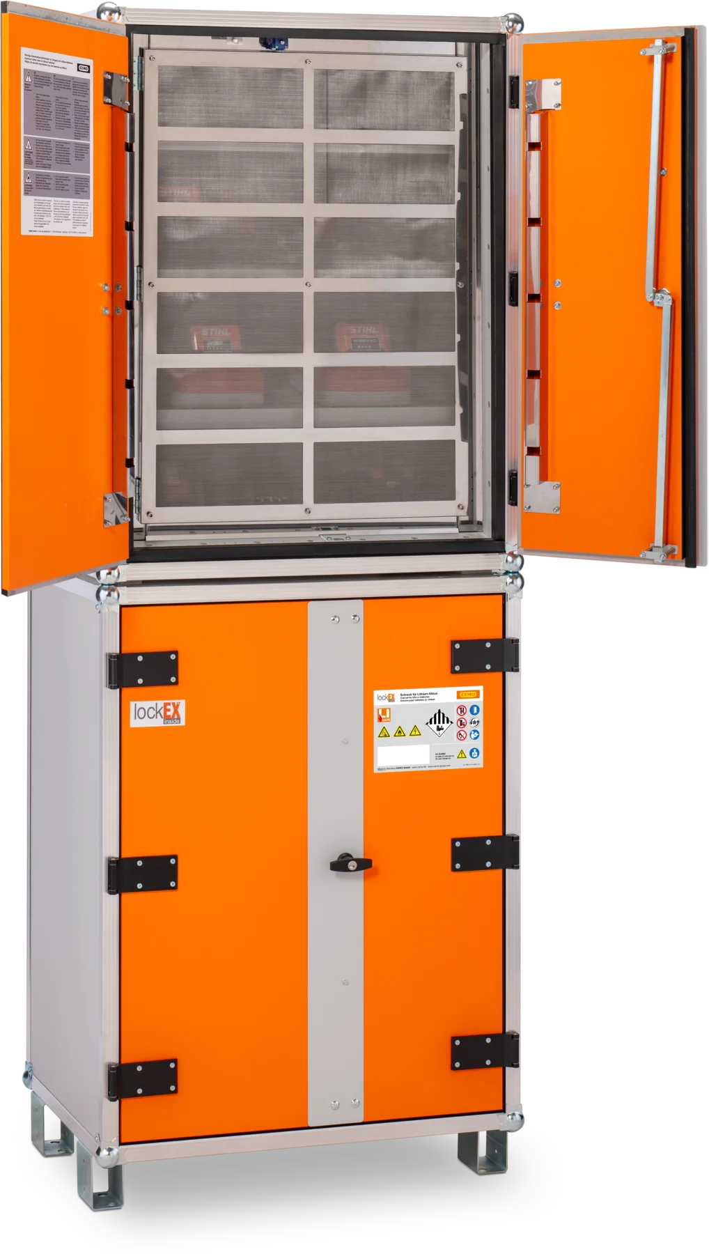 CEMO Battery charging cabinet Basic, 230 V, grey, double hinged doors, orange doors, feet